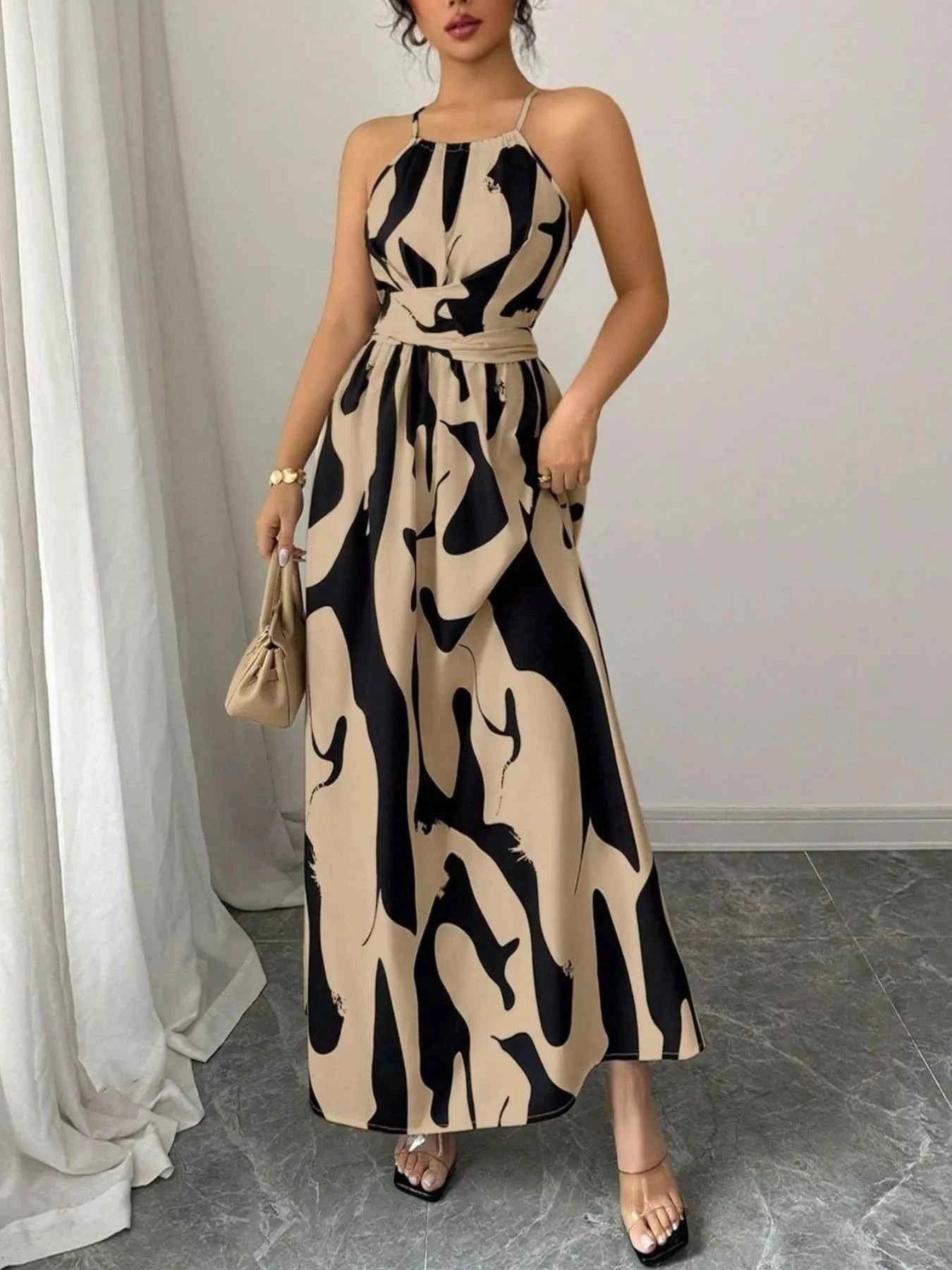 Abstract Print Halter Neck Maxi Dress
