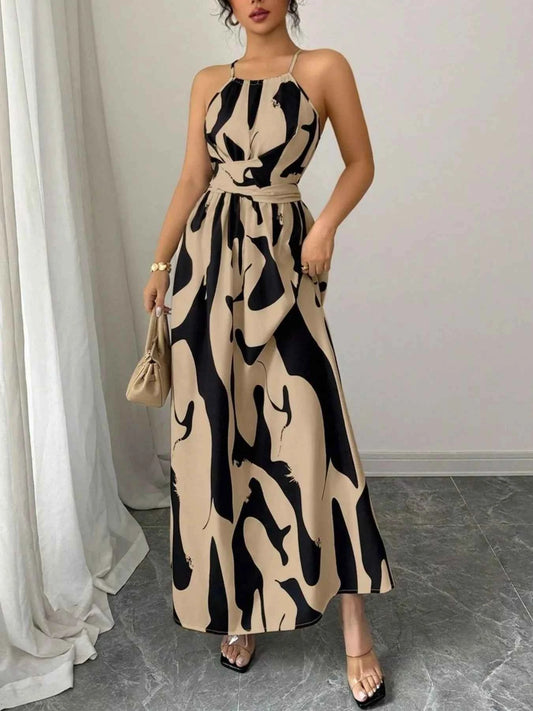 Abstract Print Halter Neck Maxi Dress