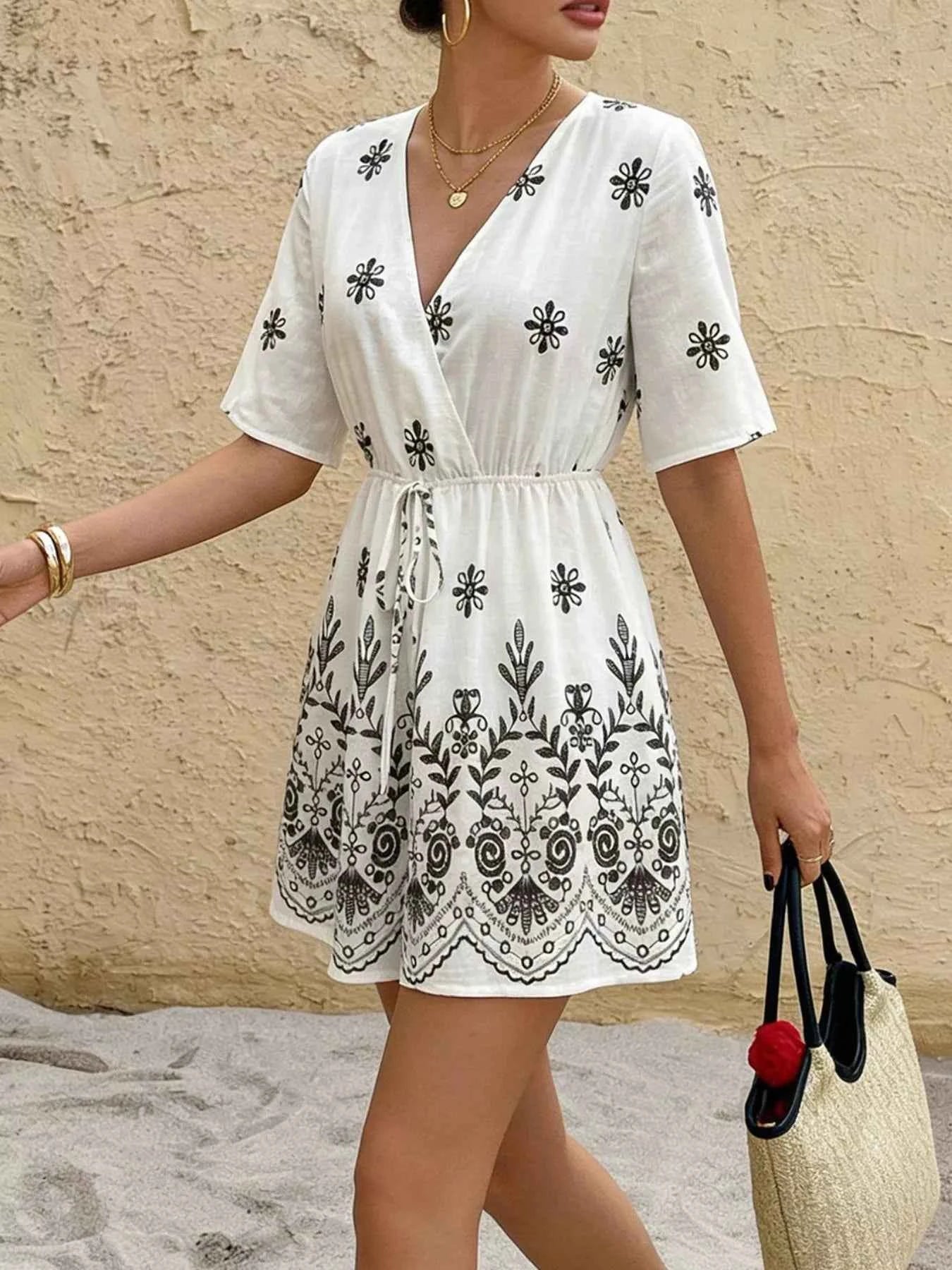 Boho Floral Embroidery Print Surplice Romper