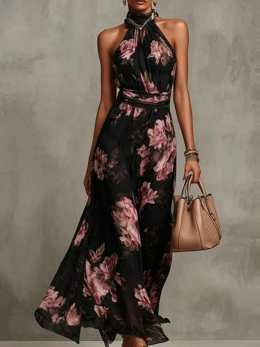 Floral Halter Neck Tiered Maxi Dress