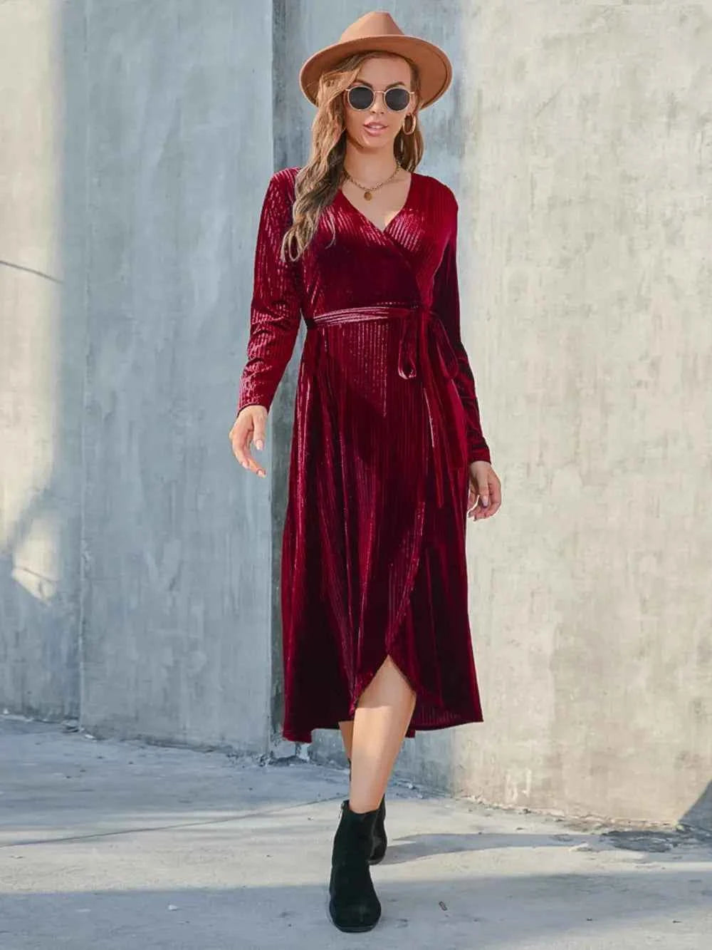 Holiday Velvet-Textured Tie-Front Long-Sleeve Dress