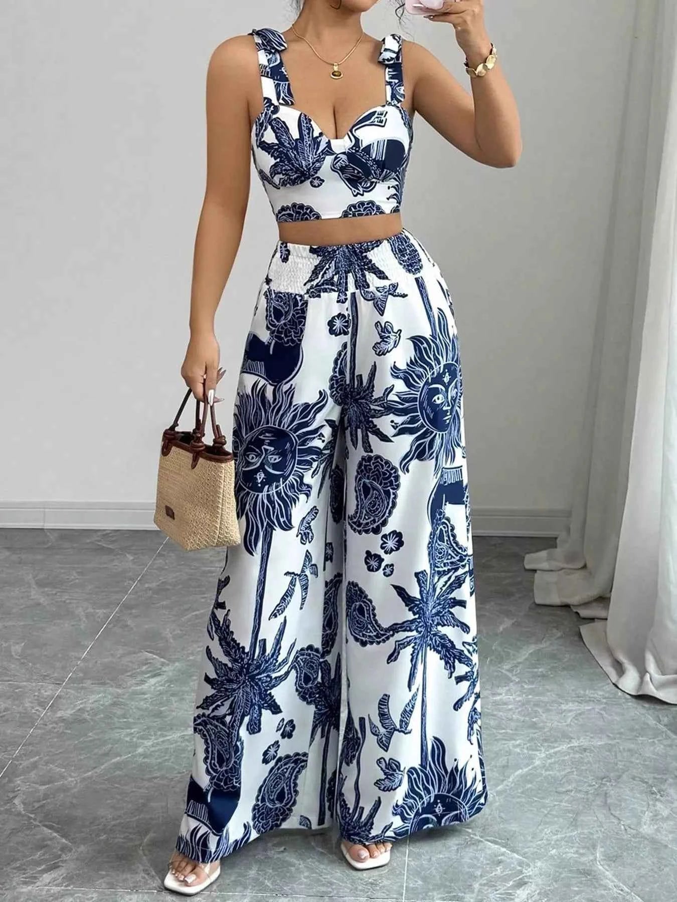 Floral Print Crop Top and Wide Leg Pants Set