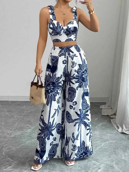 Floral Print Crop Top and Wide Leg Pants Set