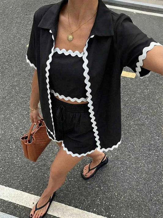 Scalloped Trim Cami & Cardigan & Shorts Set