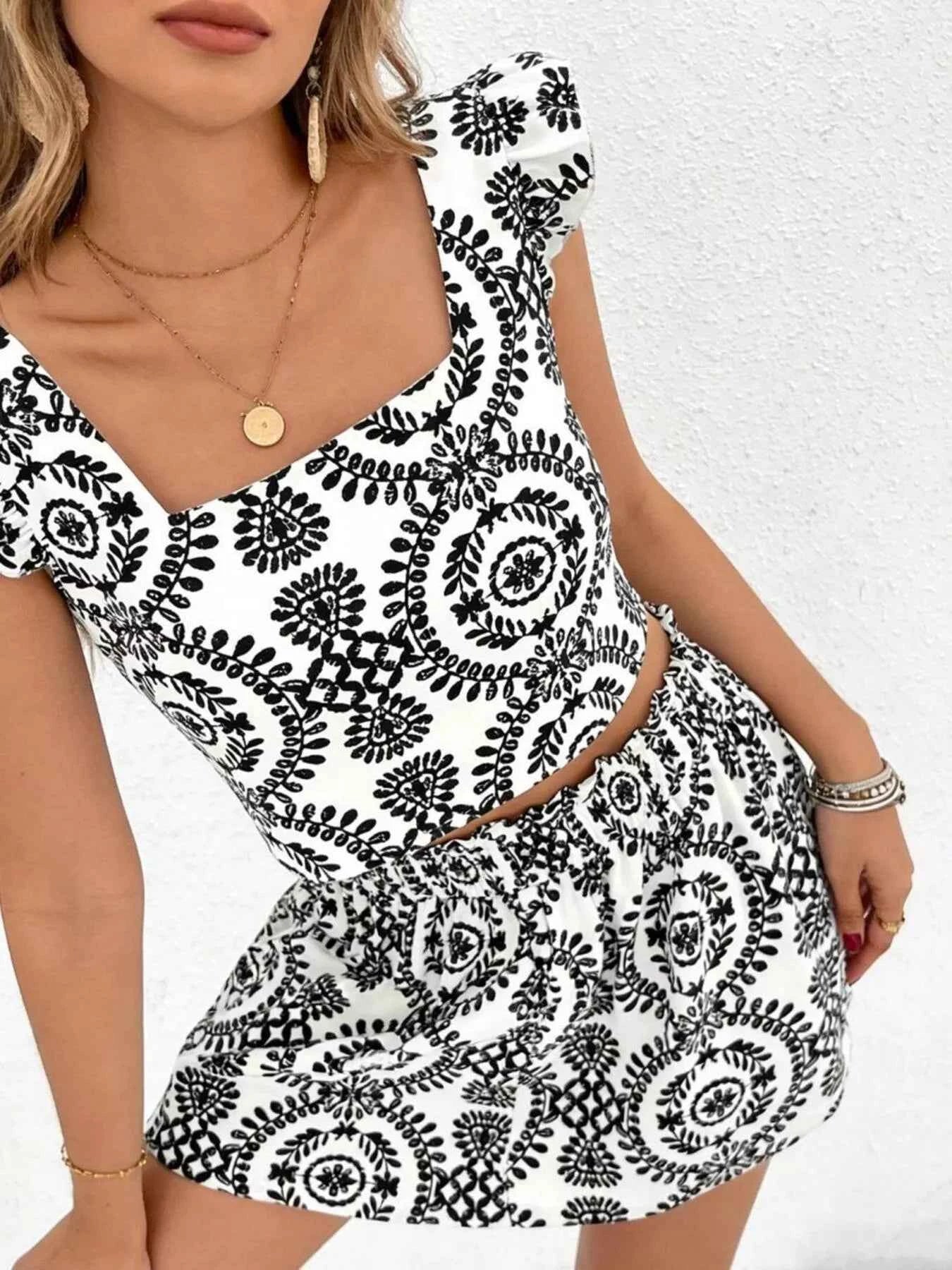 Printed Ruffle Trim Crop Top & Shorts Set