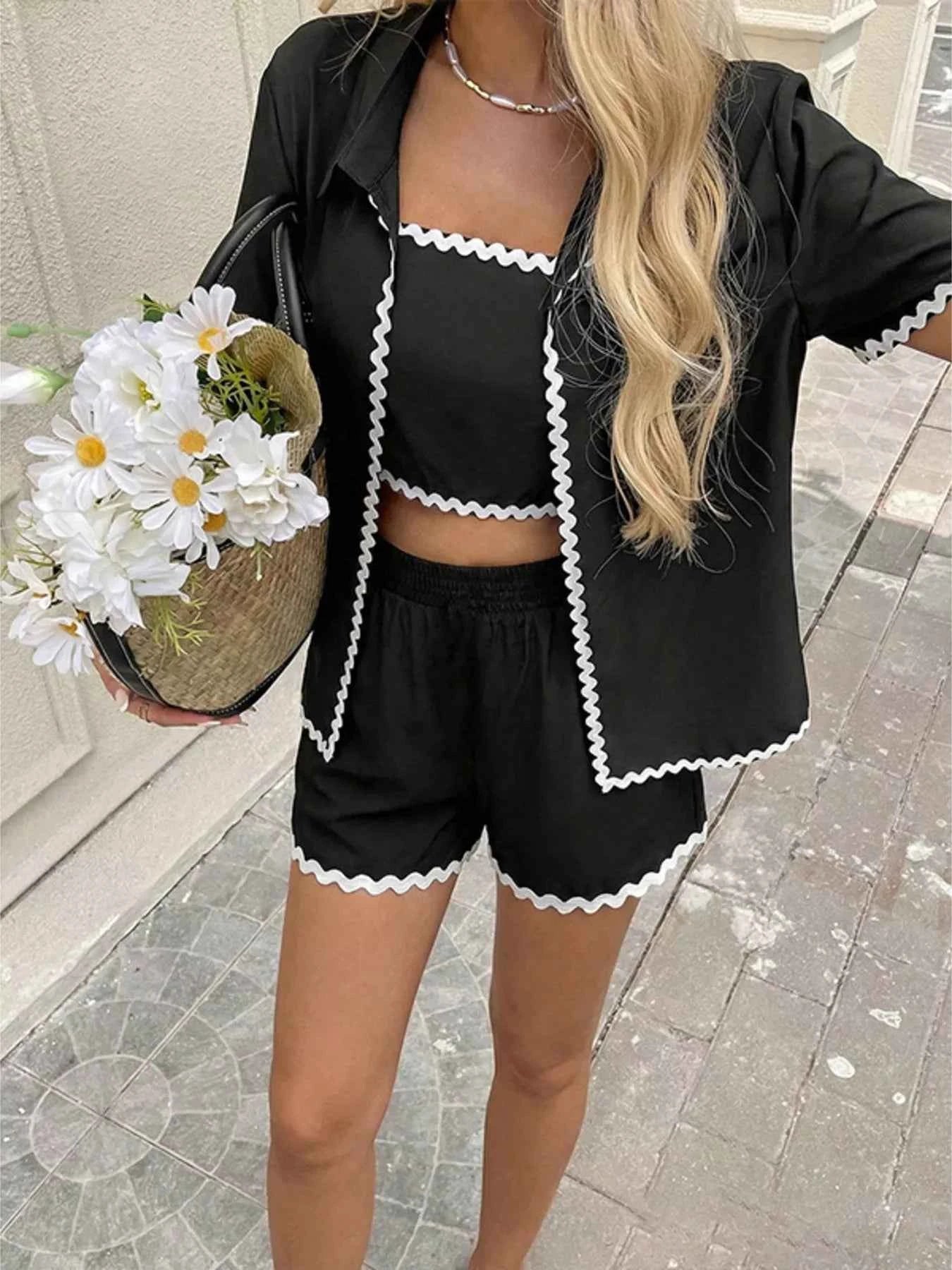 Scalloped Trim Cami & Cardigan & Shorts Set