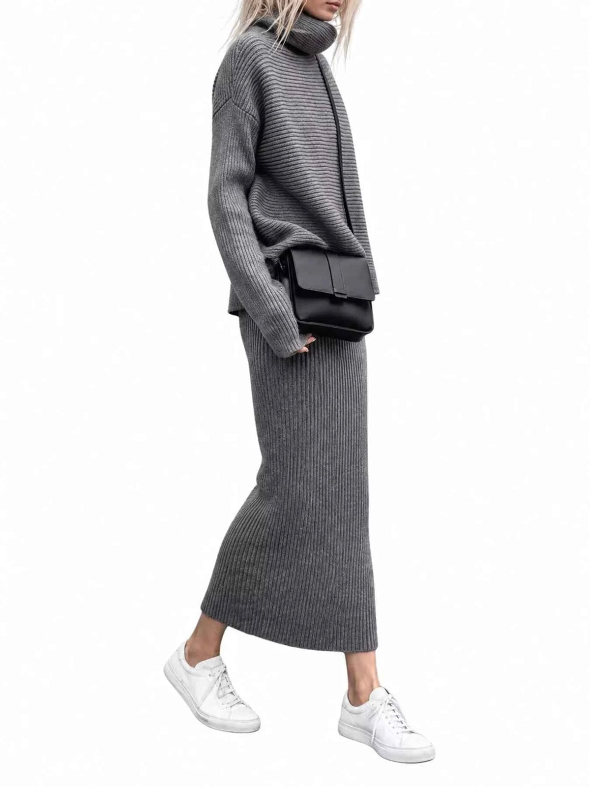 Winter Edit Ribbed Turtleneck Sweater & Midi Skirt Set