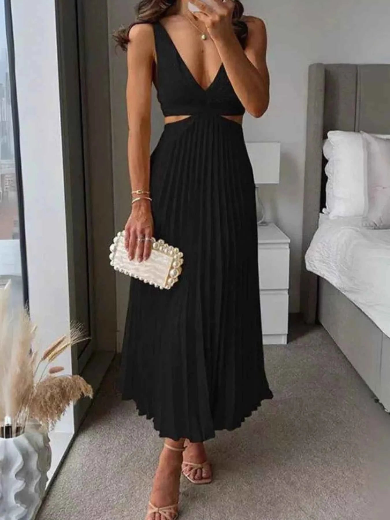 Pleated Cut-Out Waist Deep V Midi Dress